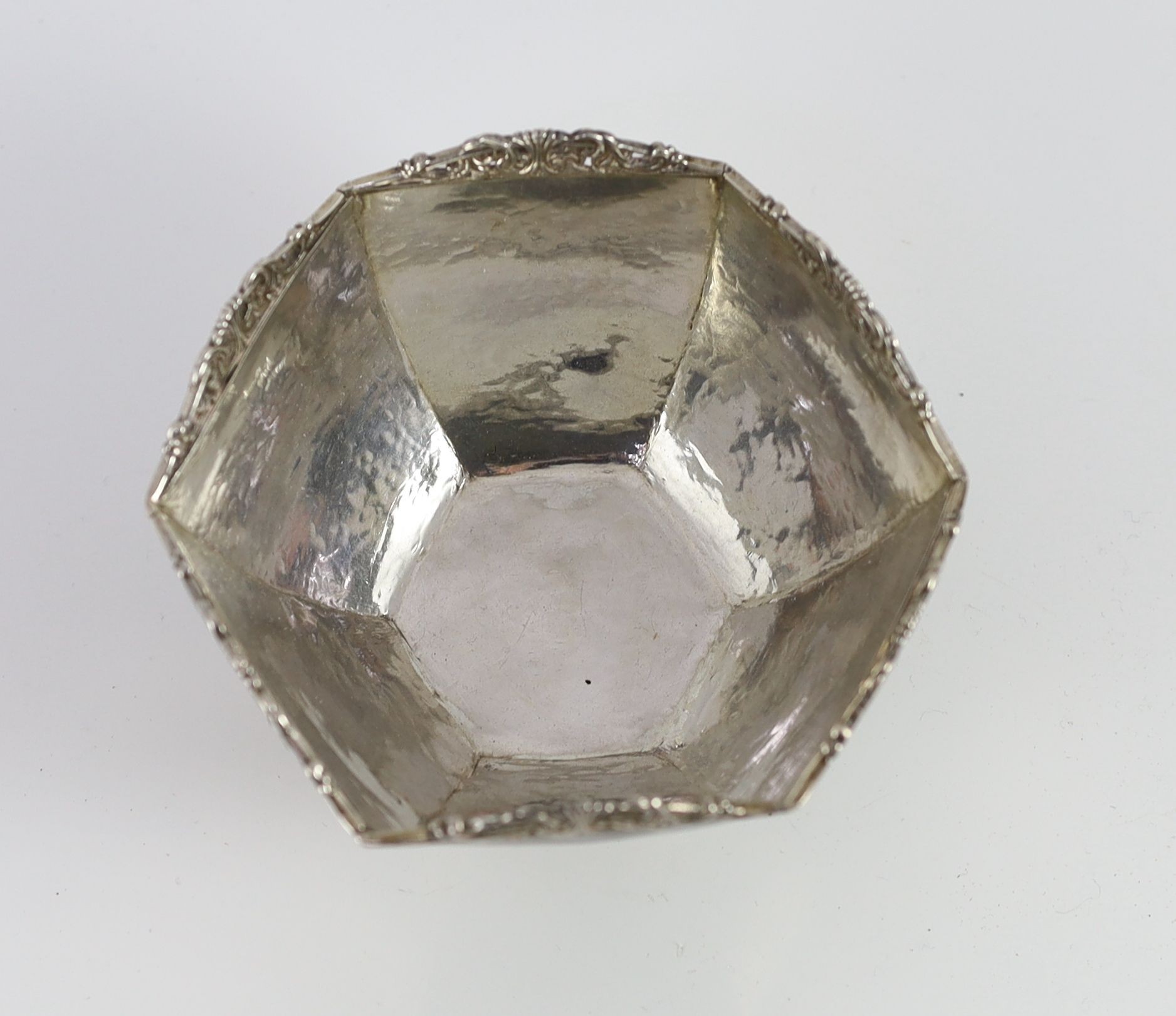 A George V planished silver hexagonal small bowl by Omar Ramsden